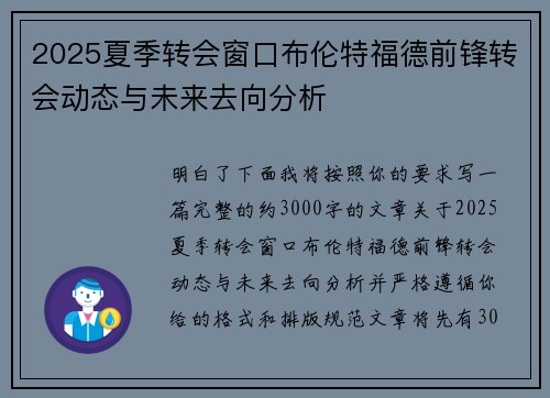 2025夏季转会窗口布伦特福德前锋转会动态与未来去向分析
