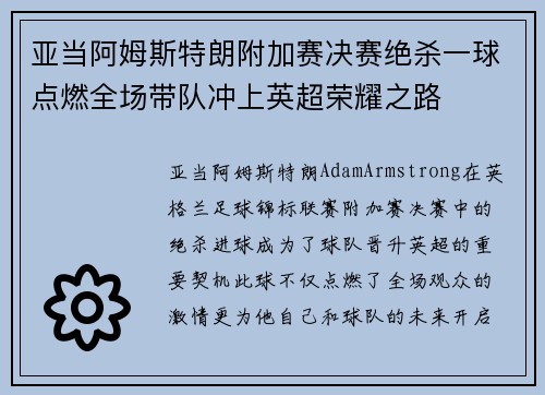 亚当阿姆斯特朗附加赛决赛绝杀一球点燃全场带队冲上英超荣耀之路
