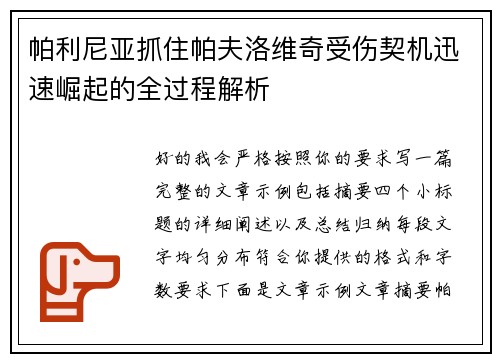 帕利尼亚抓住帕夫洛维奇受伤契机迅速崛起的全过程解析